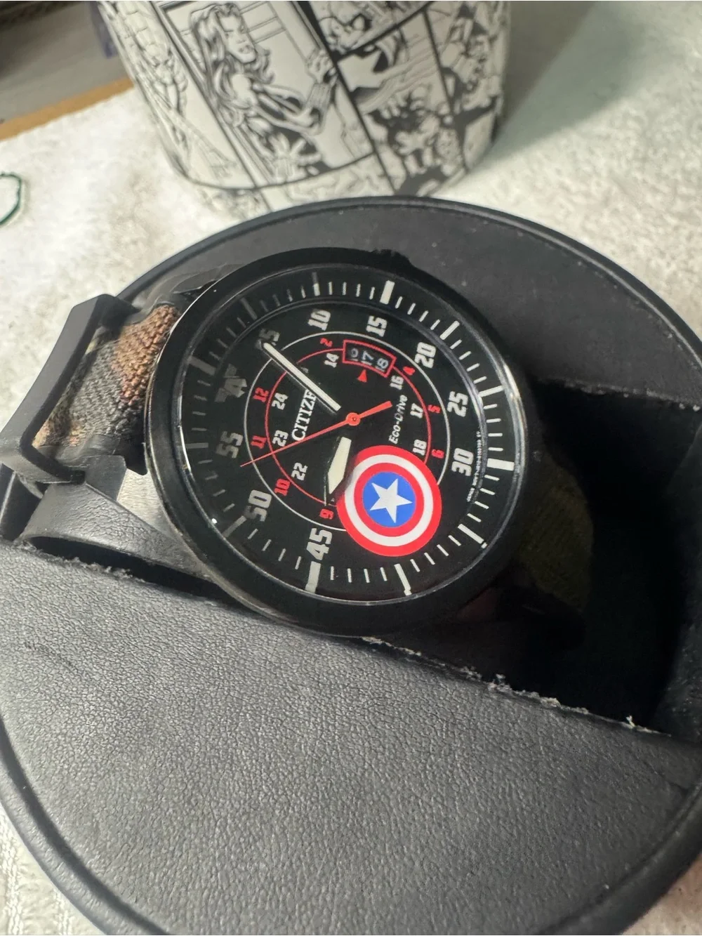 #213 Citizen Men's Black Watch with Red, Blue and White Accents
